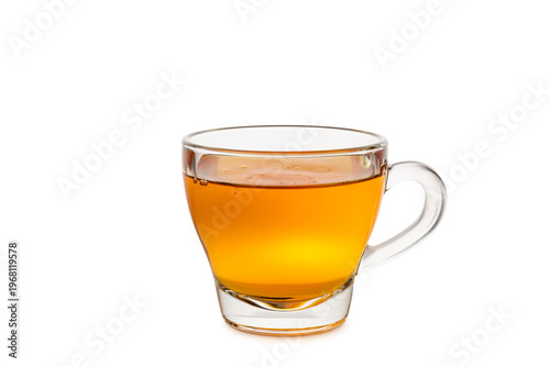 Glass cup of tea isolated on white background.