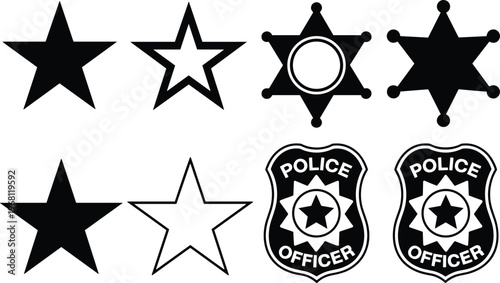 Police badge and sheriff star icon set with outline and solid styles law enforcement symbols vector collection isolated on white background
