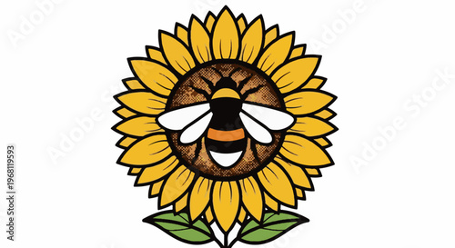 Stylized bee on a bright yellow sunflower with green leaves