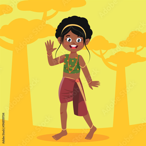 Vector illustration of a beautiful smiling African girl. Cartoon scene of a joyful girl standing waving her hand, dressed in a patterned top, skirt, necklaces, bracelets, a hoop in her hair, trees.