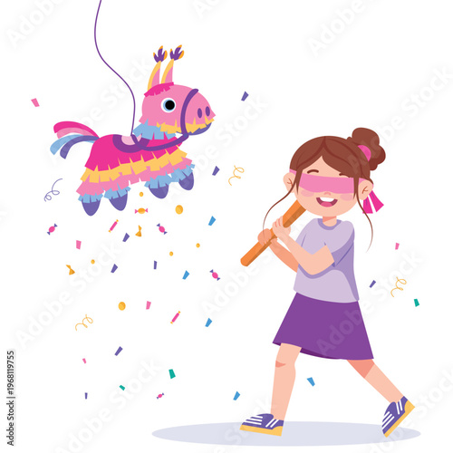 Vector illustration of a girl hitting a bright pinata. Cartoon scene with a joyful girl with a blindfold, holding a stick, hanging piñata, falling candies, streamers, confetti. Birthday celebration.