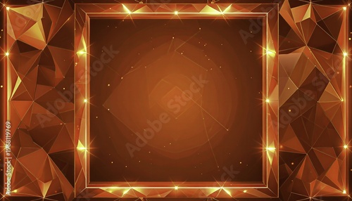 Abstract geometric frame with golden lights and particle effects.