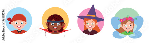 Vector illustration of funny round colored avatars of characters. Cartoon scene of cute smiling characters with different headdresses: pirate, vampire, witch, fairy isolated on white background.