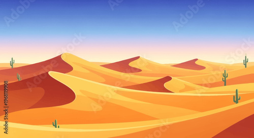 Desert landscape illustration with dunes, cacti, and gradient sky in warm vibrant colors