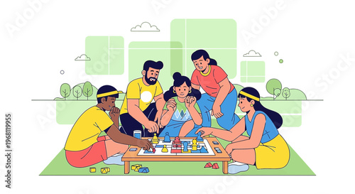Diverse group of friends playing board game on picnic blanket outdoors