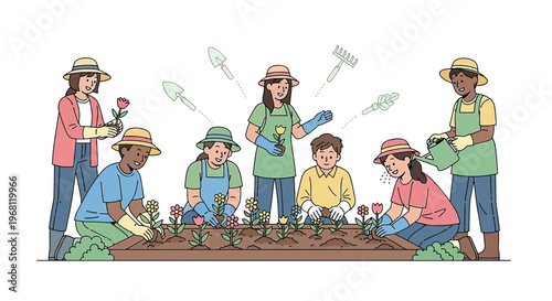 Diverse Group of People Gardening Together in a Community Garden