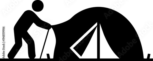 Person setting up a tent outdoors symbolizing camping recreation and travel adventure in a natural landscape setting.