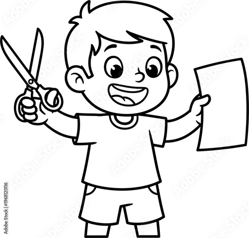 Boy holding scissors and paper.