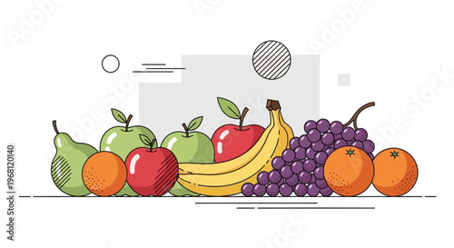 Fresh fruits illustration displaying apples, oranges, grapes, banana, and pear in a modern design