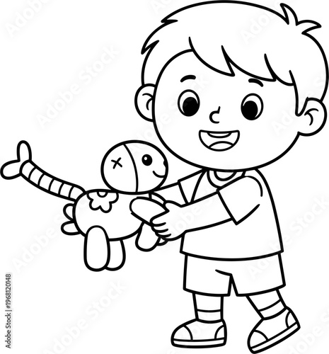 Boy holding stuffed animal toy doll.