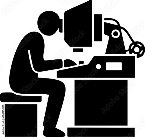 Person sitting at desk using computer workstation technology device research learning work office professional graphic vector.