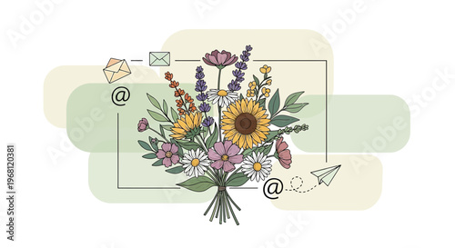 Digital Garden of Communication: Floral Bouquet with Email and Social Media Icons
