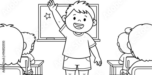 Boy raising hand in classroom setting.