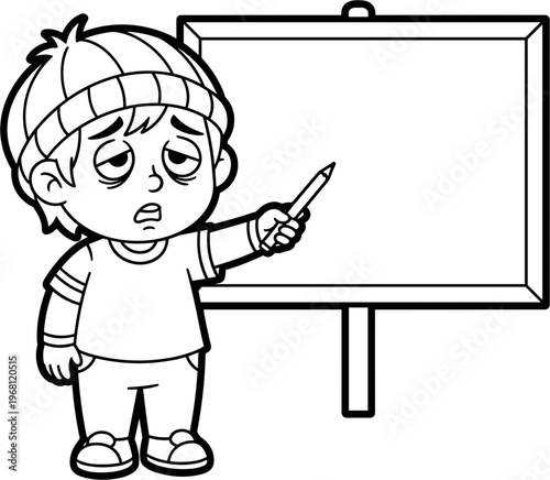 Boy pointing at whiteboard with pencil.