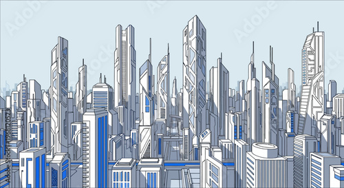 Futuristic urban landscape illustration with stylized architecture representing a cityscape design