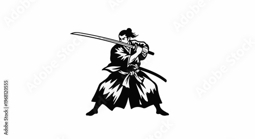 Stylized black and white depiction of a warrior in traditional Japanese garb wielding a sword