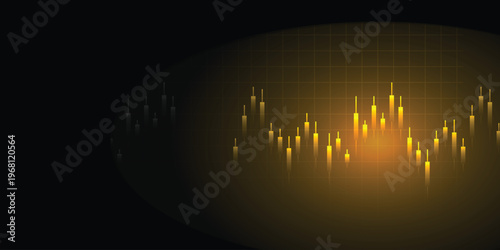 Yellow glowing candlestick financial chart in dark oval frame with grid background, abstract data visualization concept for stock market dashboards, financial reports and digital marketing