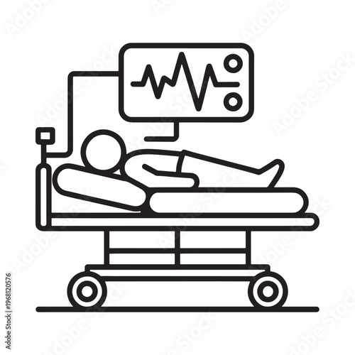 A patient lies in a hospital bed connected to medical monitoring equipment