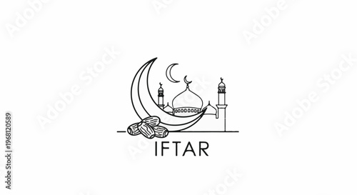 Stylized crescent moon with dates and mosque, symbolizing Islamic observance