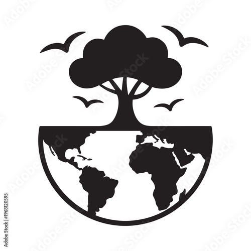A stylized illustration depicting a tree growing from the earth above a world map