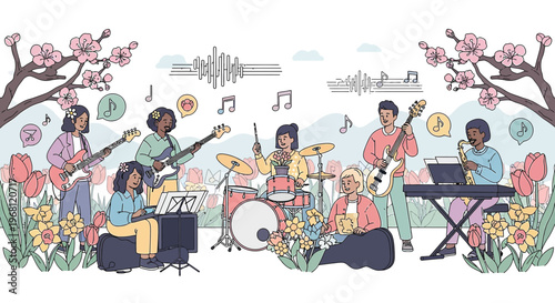 Diverse Band Playing Music Outdoors Amidst Spring Blossoms and Flowers