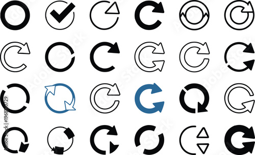 Refresh and reload circular arrow icon set representing sync update rotation process loop repeat and system refresh concepts in flat vector style