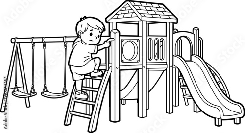 Child climbing playground jungle gym structure.