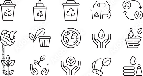 Collection of hand drawn recycling and environmental sustainability icons isolated on transparent background