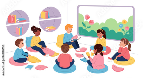 Diverse children reading books in cozy circle, learning and imagination