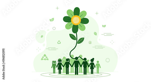 Diverse Community Holding Hands Around Growing Green Flower Illustration