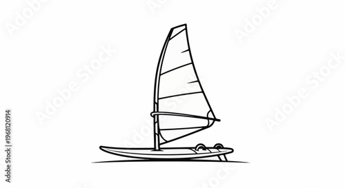 Stylized black and white drawing of a windsurfing board and sail