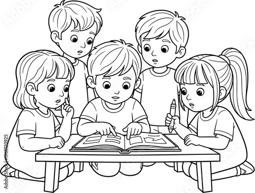 Group of children reading book together 1.
