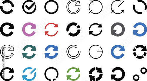Refresh reload and sync circular arrow icon collection representing update rotation loop repeat process and system refresh concepts in flat vector style