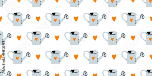 Vector seamless pattern with cute gray watering can and orange heart on white background. Agriculture gardening love print design for spring fabric, wrapping paper, kids decor, digital farm wallpaper.