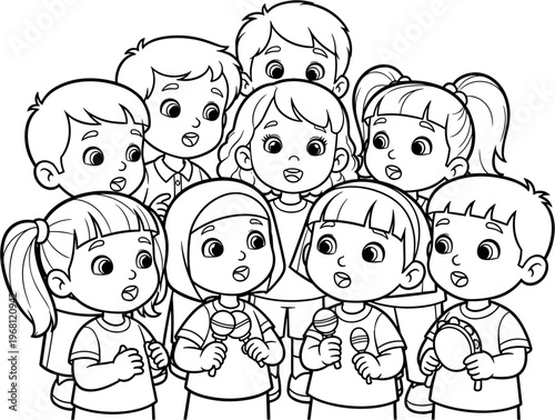 Group of children singing together happily.