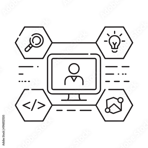 Digital interface with icons representing research coding and user interaction
