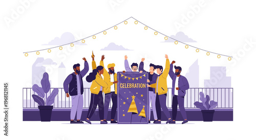 Diverse Group Celebrating on Rooftop with Banner