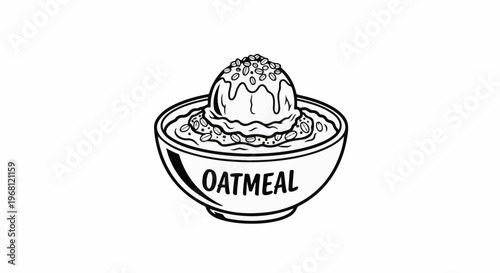 Stylized black and white illustration of a bowl of oatmeal topped with a scoop of ice cream