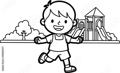 Happy little boy running outside freely.