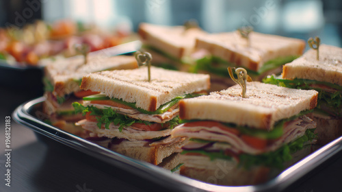 Close up of sandwich platter in professional catering tray on office desk, crisp textures, soft window light, shallow depth of field professional background