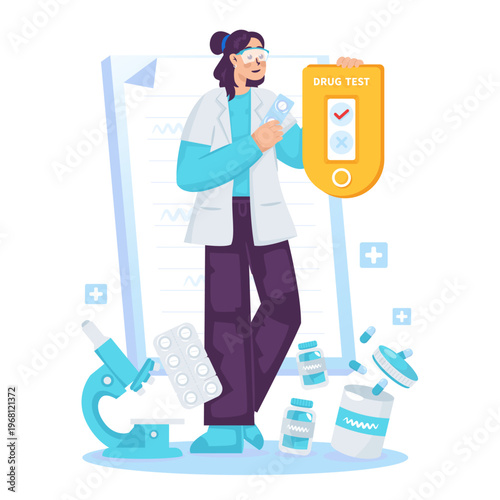 Doctor Holding Approved Medicine and Drug Test Result Vector Illustration