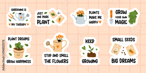Vector gardening inspirational sticker pack. Cute farming quote stickers set. Collection of happy motivational phrases about gardening and agriculture for planner, journaling and scrapbooking.