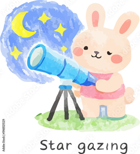 A whimsical Easter bunny enjoying a night of stargazing, captured in a charming crayon drawing style. Perfect for festive holiday cards and nursery decor.