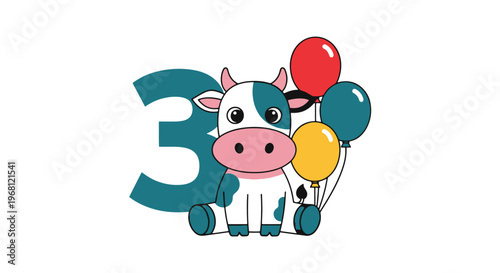 Cow Celebrating Third Birthday with Balloons