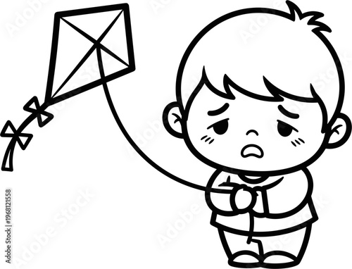 Sad little boy holding kite string.