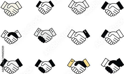 Set of handshake icons representing partnership agreement collaboration business deal trust unity diversity and teamwork concept in minimal flat vector style