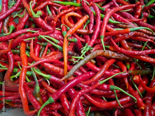 background of a pile of fresh red chilies, this is the type of fresh curly red chilies sold in the market