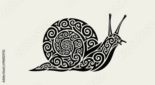 Stylized black snail with swirling patterns on a light background