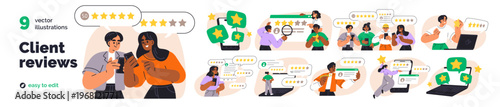 Customer feedback, client review concept set. People rate experience, satisfaction with business, service. Sharing opinion, giving star, ranking. Flat vector illustration isolated on white background