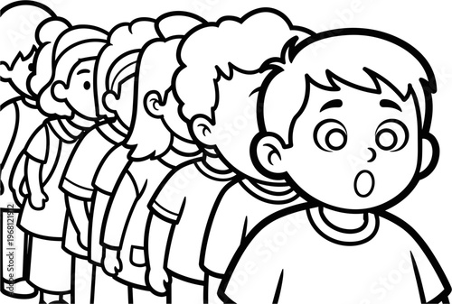 Surprised boy in a line crowd.